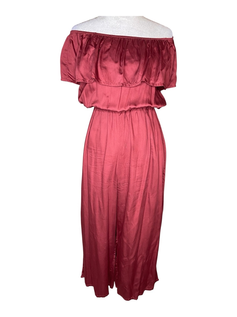 Billabong Off-Shoulder Ruffled Wide-Leg Crimson Red Silky Jumpsuit - Size S
